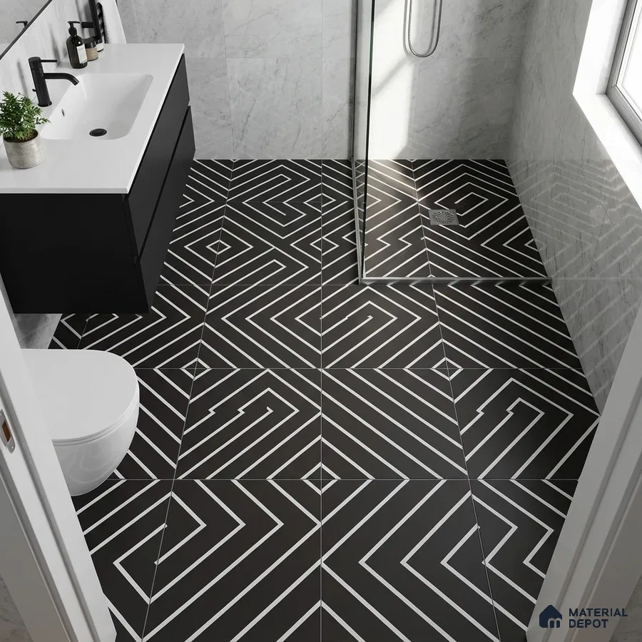 Modern bathroom with geometric black-and-white floor tiles and marble wall tiles