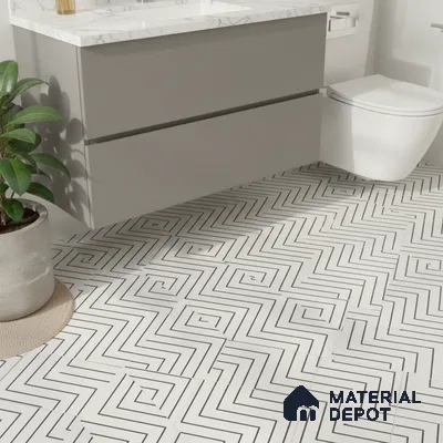 Modern bathroom with geometric black-and-white floor tiles and marble countertop vanity