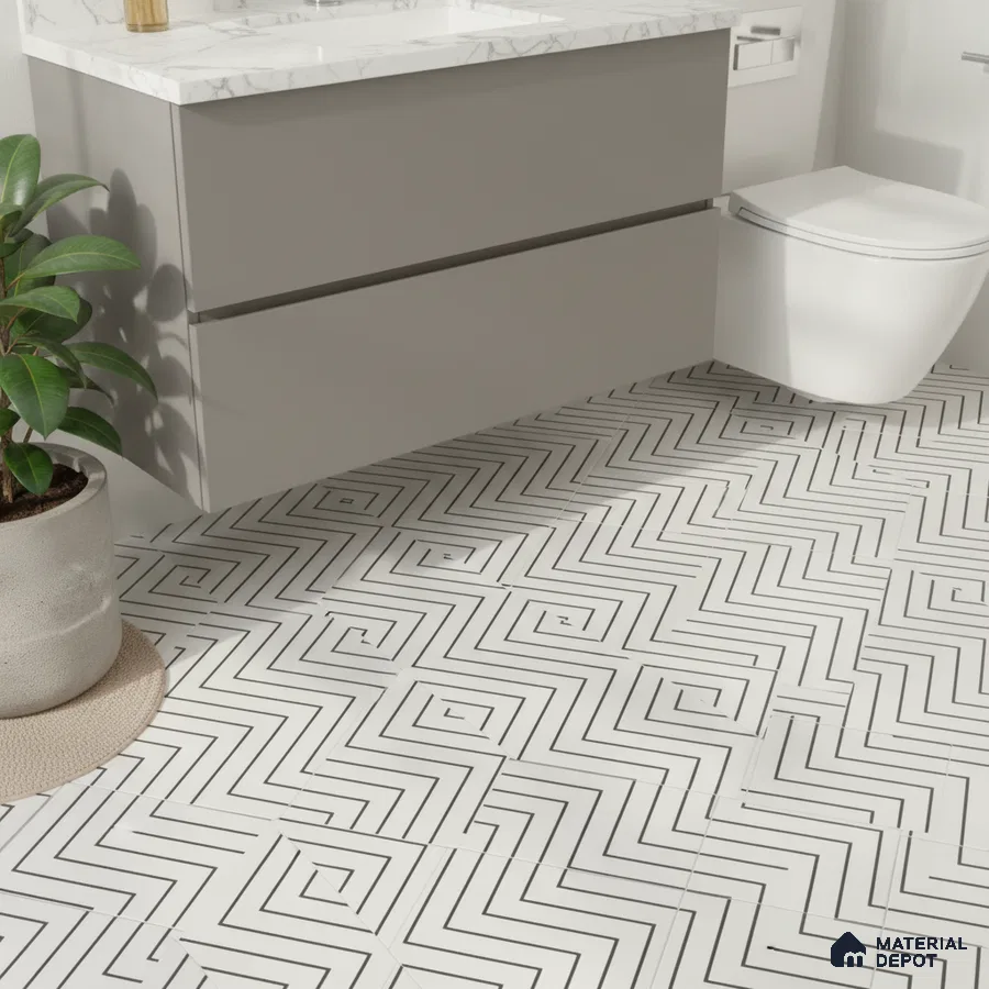 Modern bathroom with geometric black-and-white floor tiles and marble countertop vanity