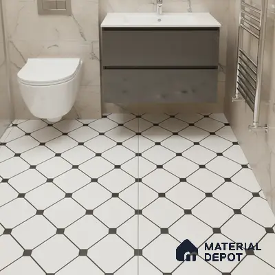 Modern bathroom with marble wall tiles and black-and-white geometric floor tiles