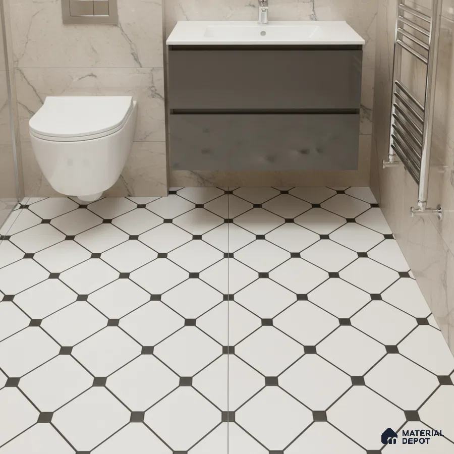 Modern bathroom with marble wall tiles and black-and-white geometric floor tiles