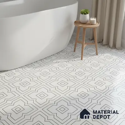 Minimalist bathroom with geometric black-and-white floor tiles and freestanding tub
