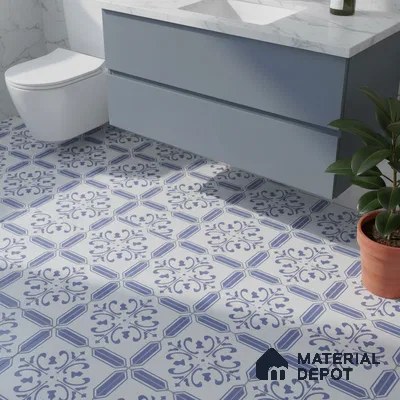 Modern bathroom with blue patterned floor tiles and marble countertop vanity