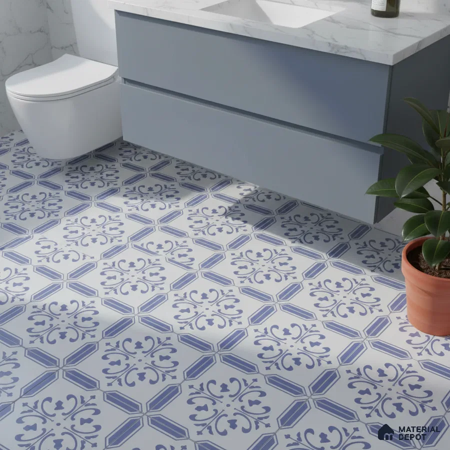 Modern bathroom with blue patterned floor tiles and marble countertop vanity