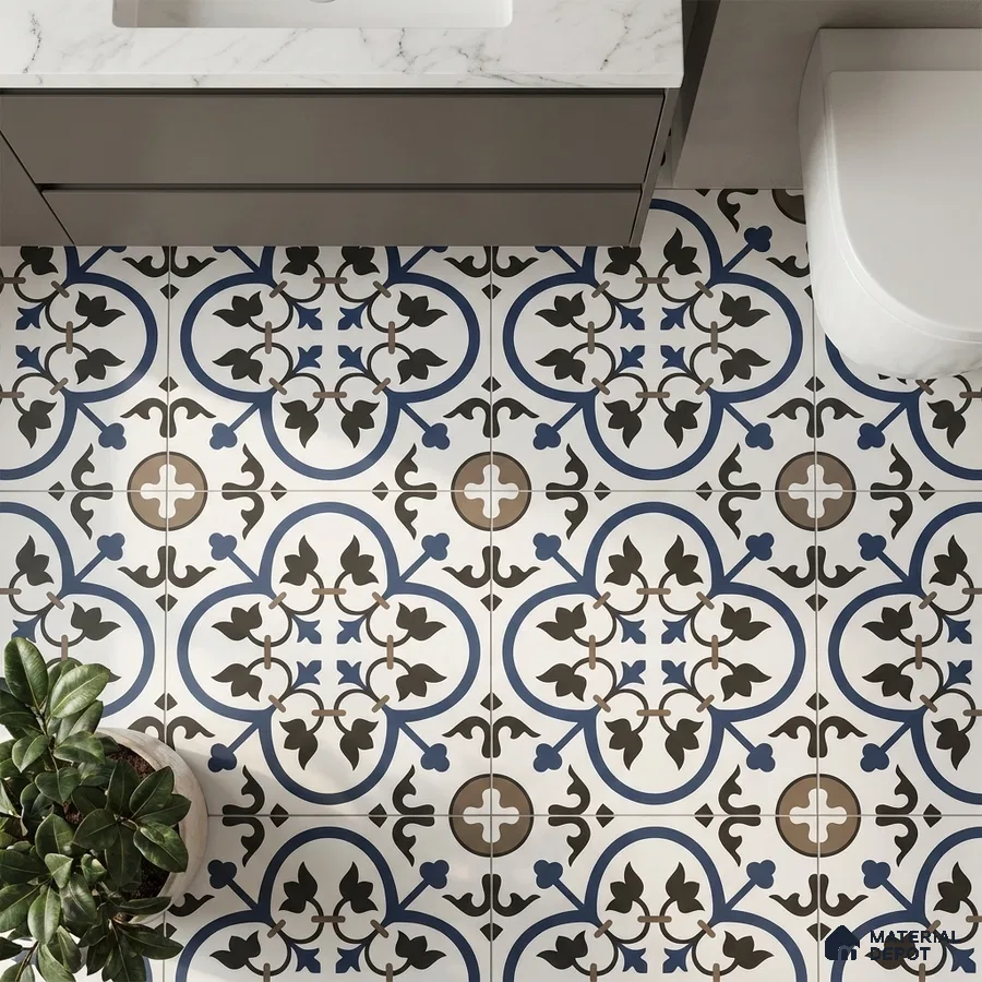 Modern bathroom with blue and brown moroccan patterned floor tiles and marble countertop vanity