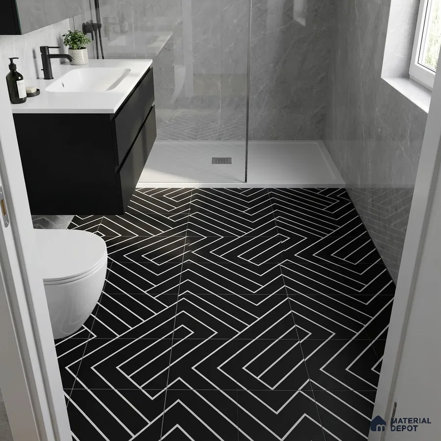 Modern bathroom with black geometric floor tiles and grey marble wall tiles