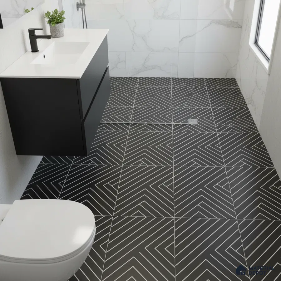 Modern bathroom with black geometric floor tiles and marble-look wall tiles