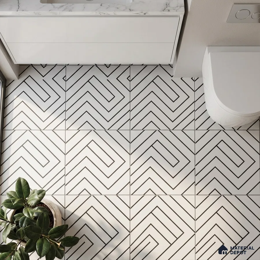 Modern bathroom with geometric black-and-white floor tiles and white marble vanity