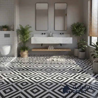 Modern bathroom with geometric black-and-white floor tiles and marble-look floating vanity