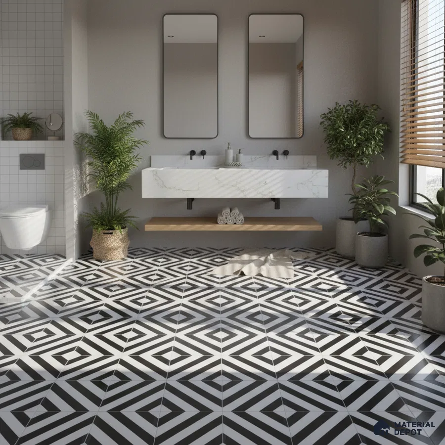 Modern bathroom with geometric black-and-white floor tiles and marble-look floating vanity