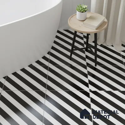 Modern bathroom with black-and-white diagonal striped geometric floor tiles