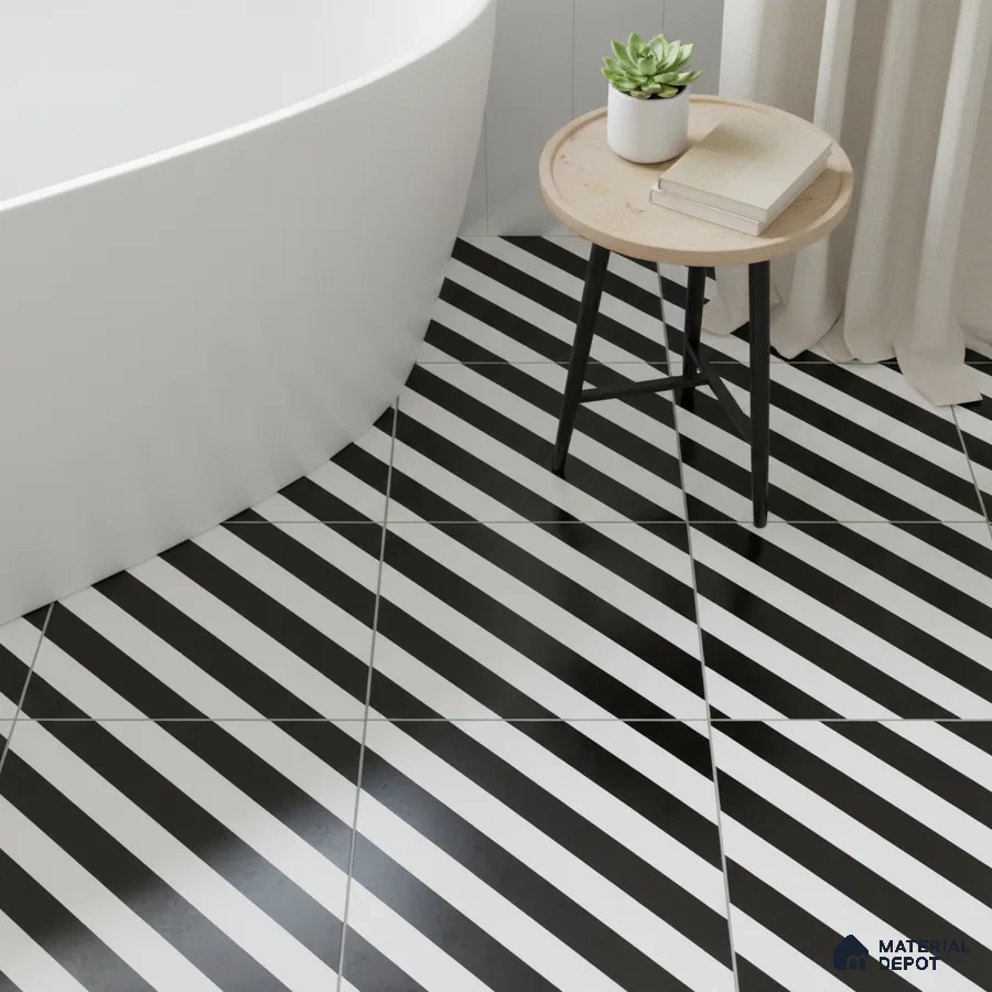 Modern bathroom with black-and-white diagonal striped geometric floor tiles