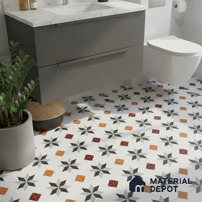 Modern bathroom with grey vanity, white marble countertop, and multicolor geometric patterned floor tiles
