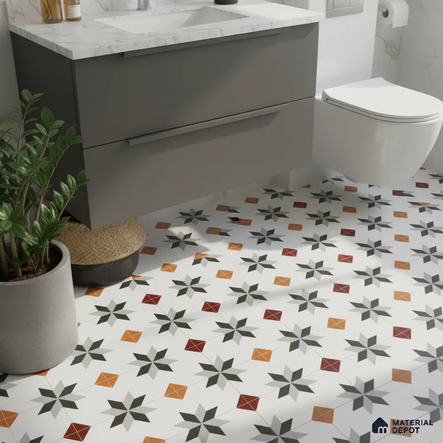 Modern bathroom with grey vanity, white marble countertop, and multicolor geometric patterned floor tiles