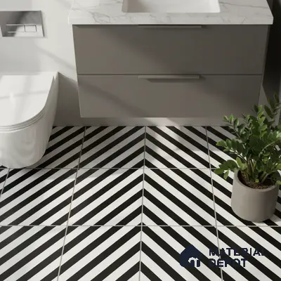 Modern bathroom with black-and-white chevron floor tiles and marble-look countertop