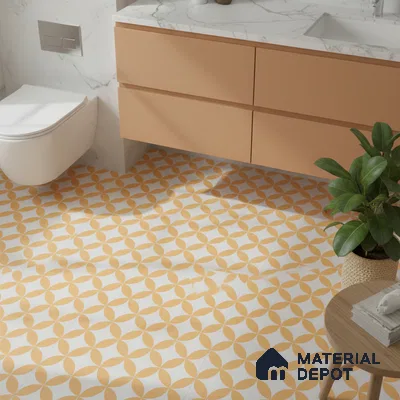 Modern bathroom with peach laminate vanity, white marble countertop, and yellow geometric patterned floor tiles