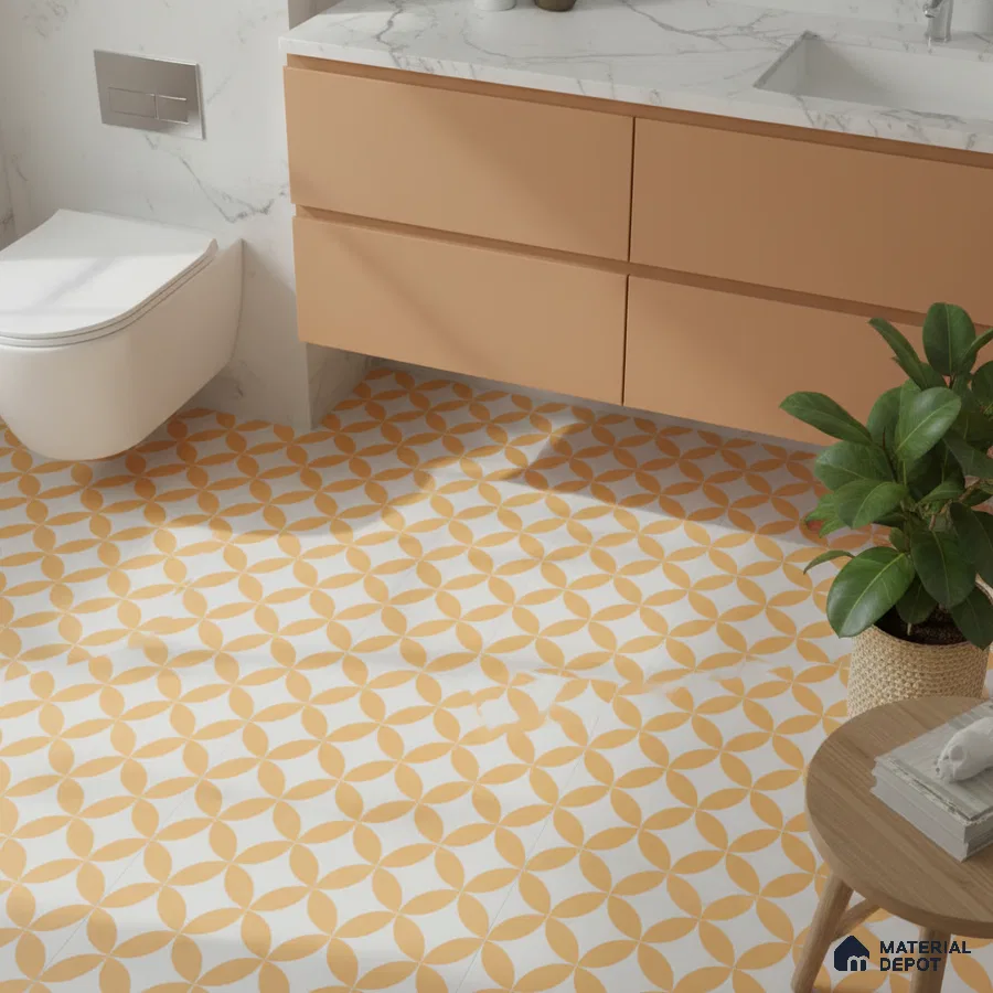 Modern bathroom with peach laminate vanity, white marble countertop, and yellow geometric patterned floor tiles