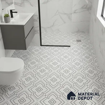 Modern bathroom with marble wall tiles and geometric patterned black-and-white floor tiles