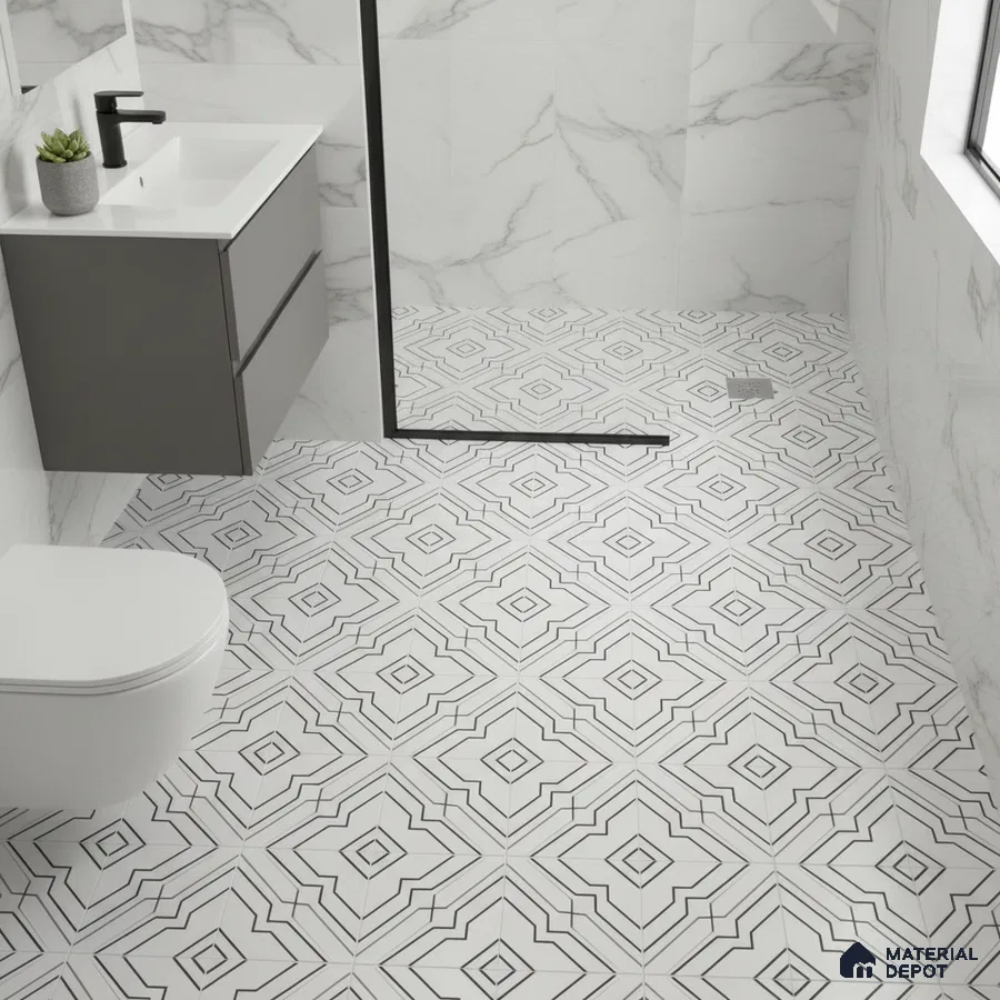 Modern bathroom with marble wall tiles and geometric patterned black-and-white floor tiles