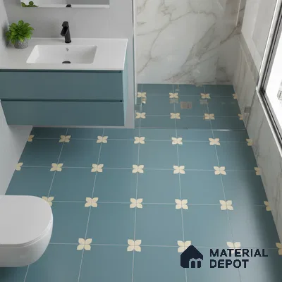 Modern bathroom with blue floral patterned floor tiles and marble wall tiles