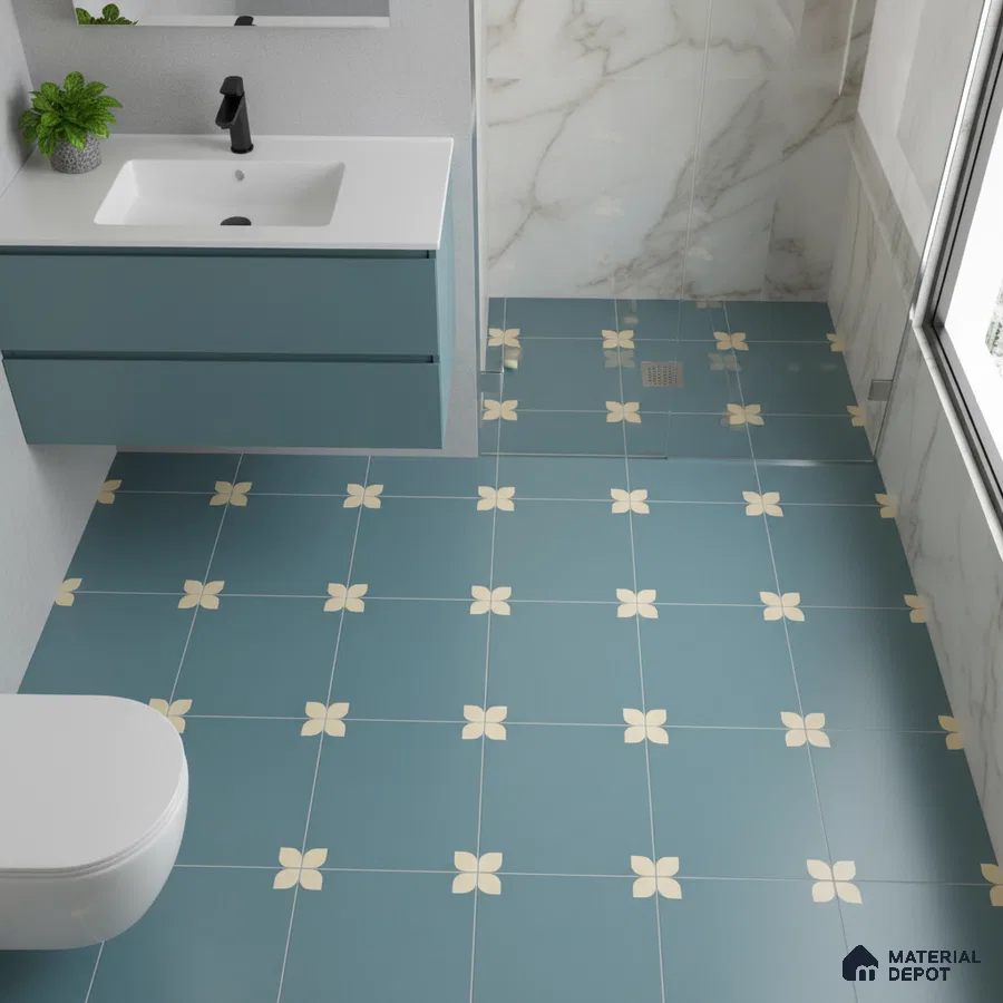 Modern bathroom with blue floral patterned floor tiles and marble wall tiles