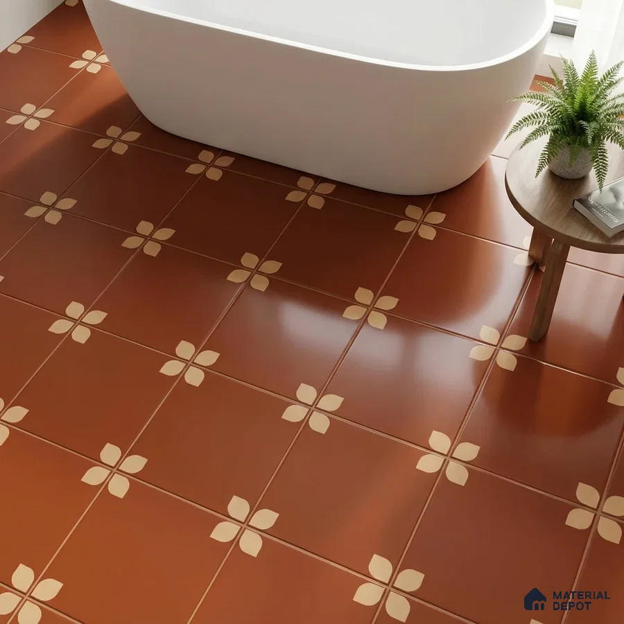 Modern bathroom with terracotta floral patterned floor tiles and freestanding tub