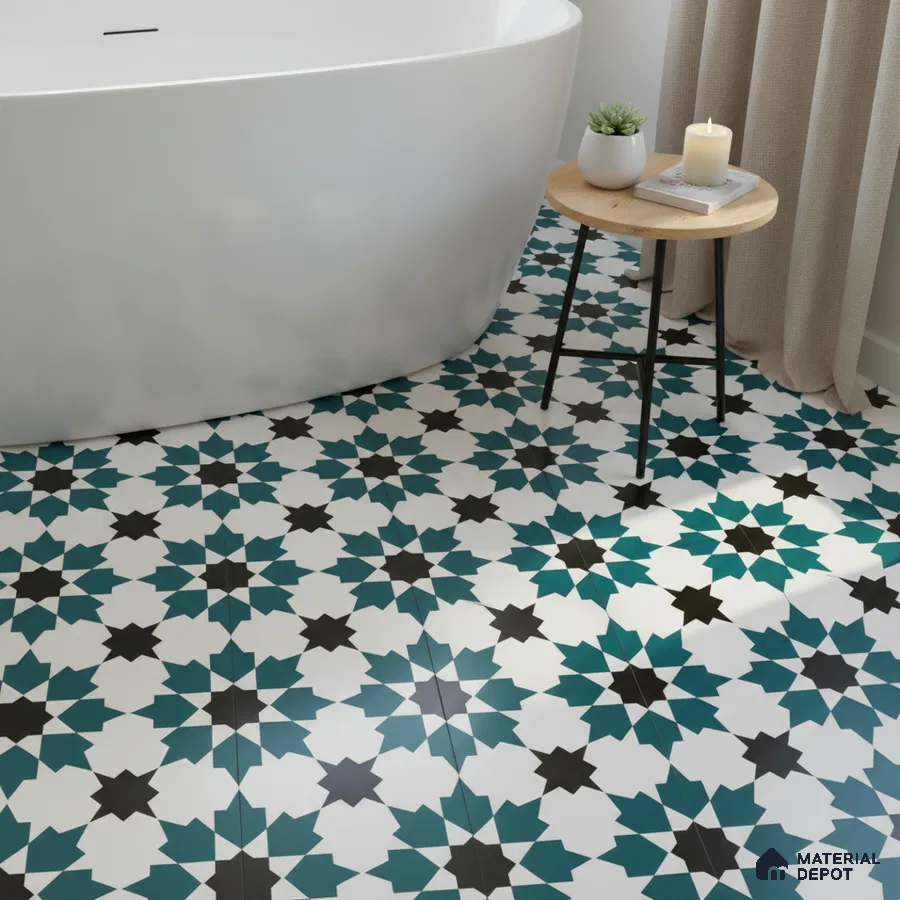 Modern bathroom with teal and black geometric moroccan floor tiles and freestanding tub