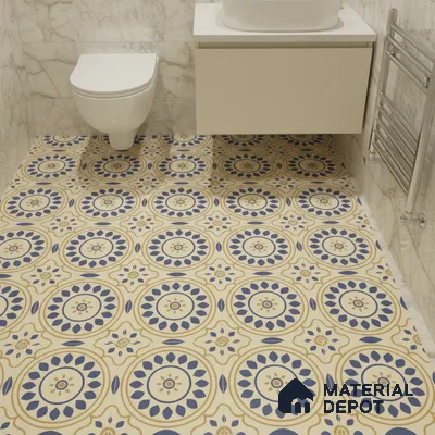 Modern bathroom with marble wall tiles and blue-yellow geometric patterned floor tiles