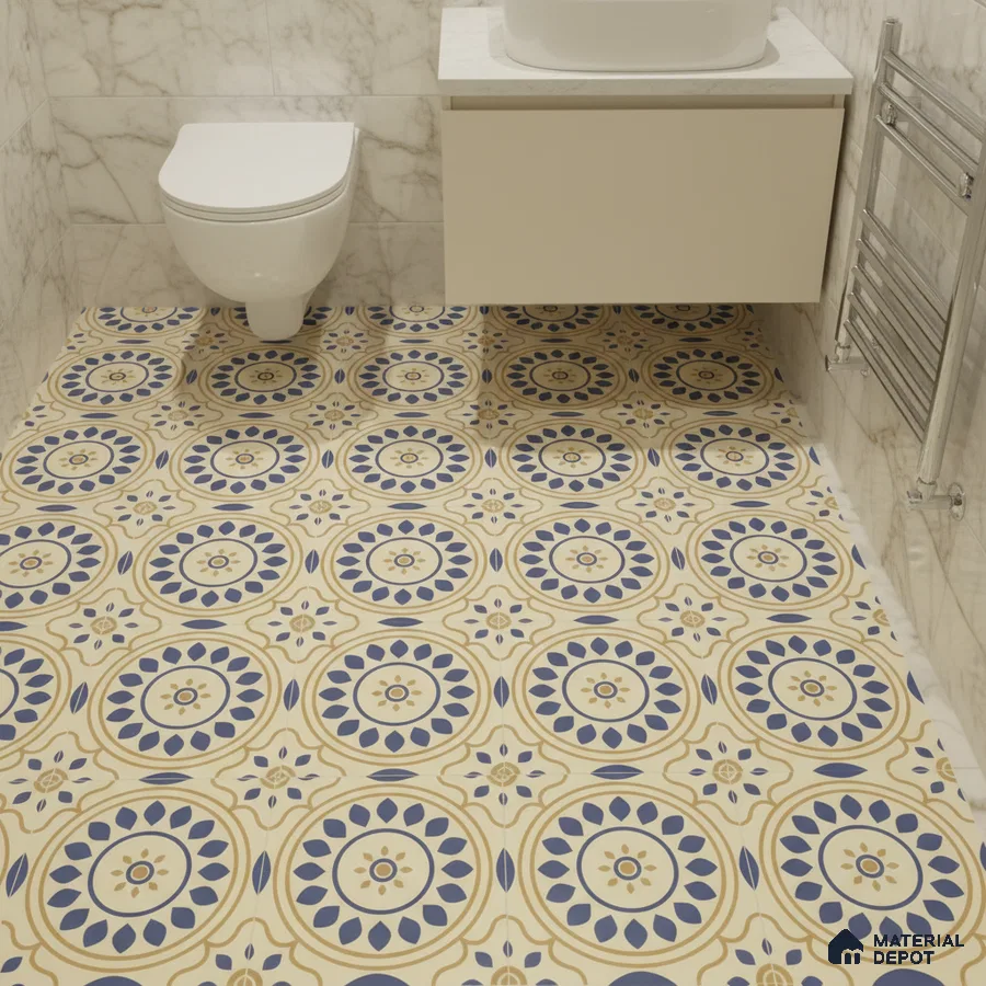 Modern bathroom with marble wall tiles and blue-yellow geometric patterned floor tiles