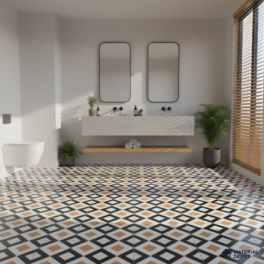 Modern bathroom with geometric black and tan patterned floor tiles and floating white vanity