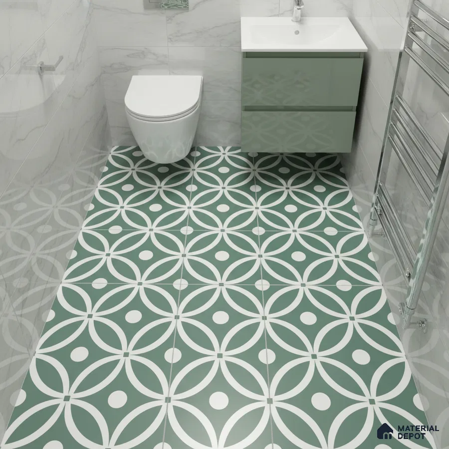 Modern bathroom with green geometric patterned floor tiles and marble-look wall tiles