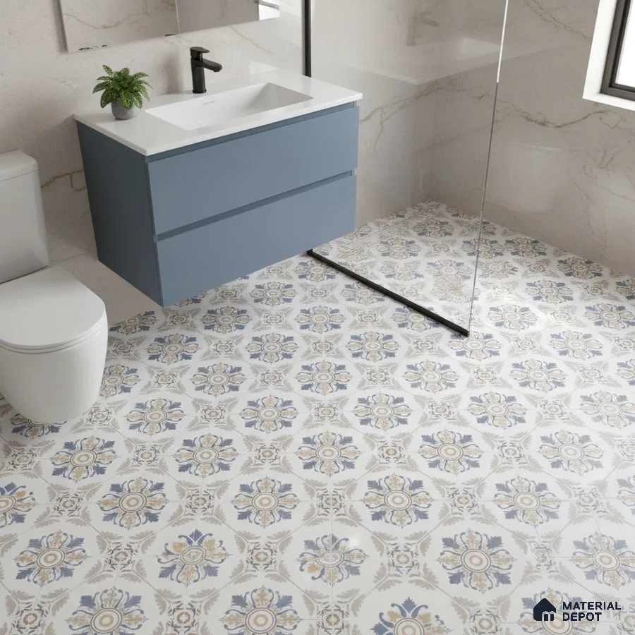 Modern bathroom with blue vanity, white marble wall tiles, and blue-beige floral patterned floor tiles