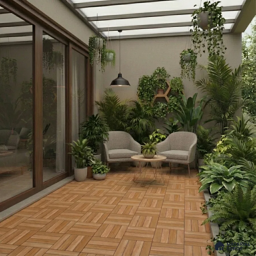 Scandinavian balcony with wood-look floor tiles and lush green plants