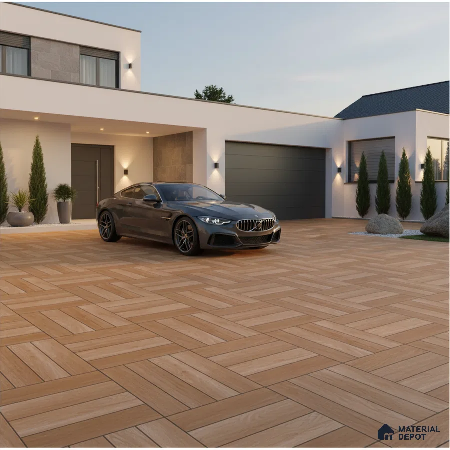 Modern parking with wood-look outdoor floor tiles and geometric pattern