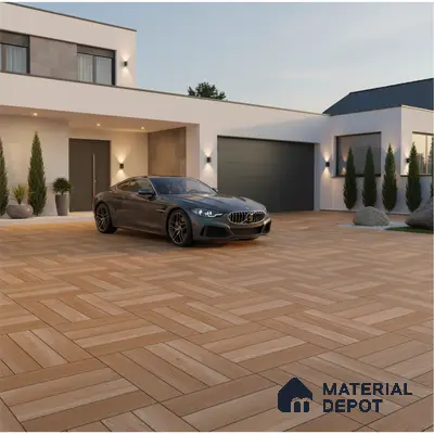 Modern parking with wood-look outdoor floor tiles and geometric pattern