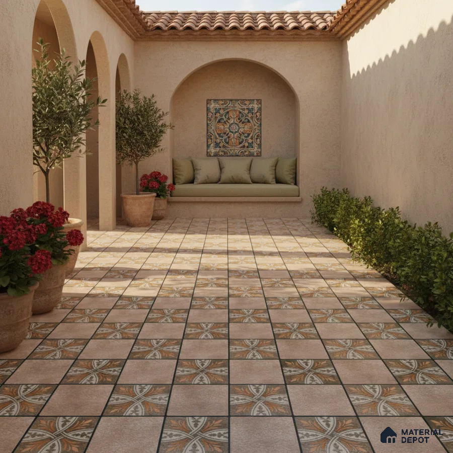 Mediterranean outdoor patio with terracotta patterned floor tiles and stucco walls