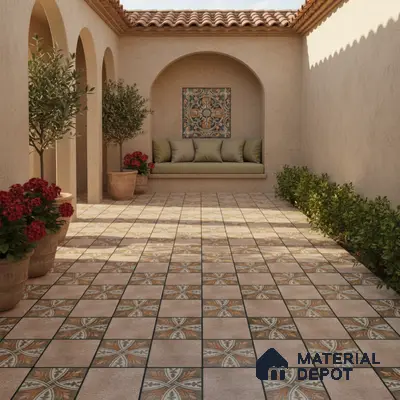Mediterranean outdoor patio with terracotta patterned floor tiles and stucco walls