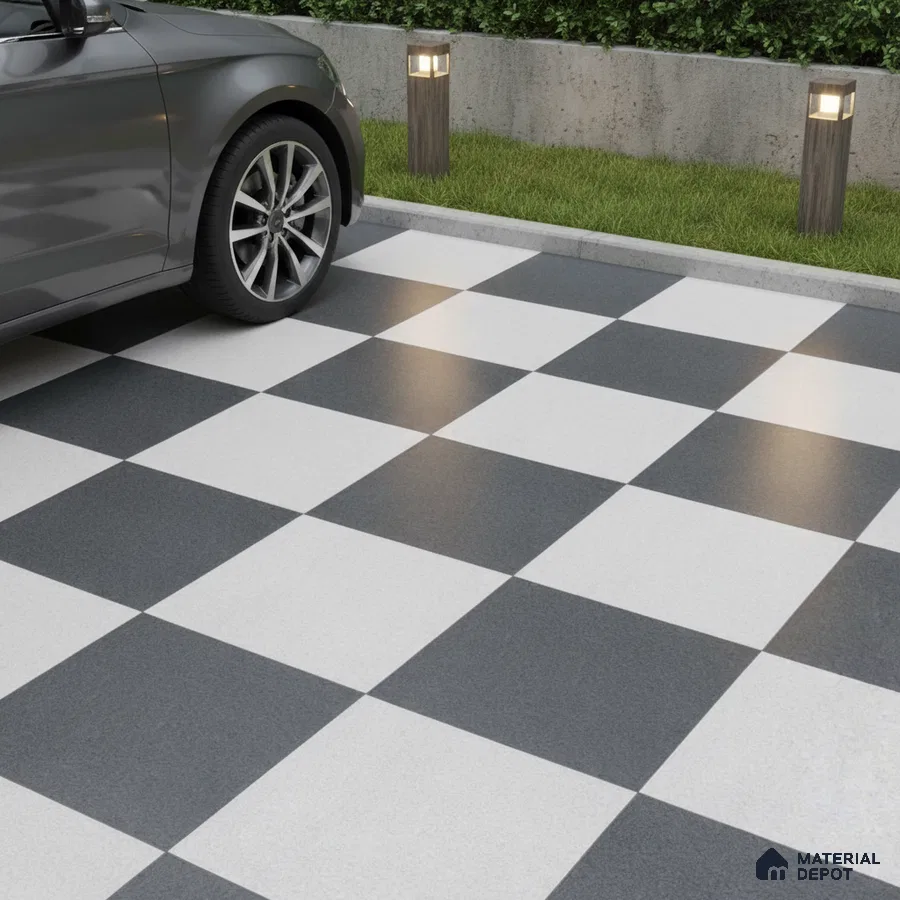 Modern parking area with black-and-white checkerboard floor tiles