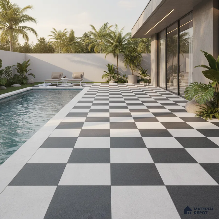 Modern outdoor poolside with black-and-white checkerboard floor tiles