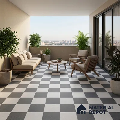 Modern balcony with black-and-white checkerboard floor tiles and wooden outdoor furniture