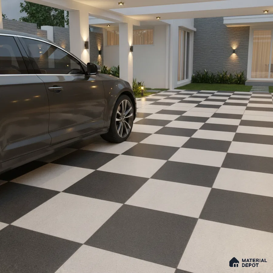 Modern parking with black-and-white checkerboard floor tiles and contemporary outdoor lighting