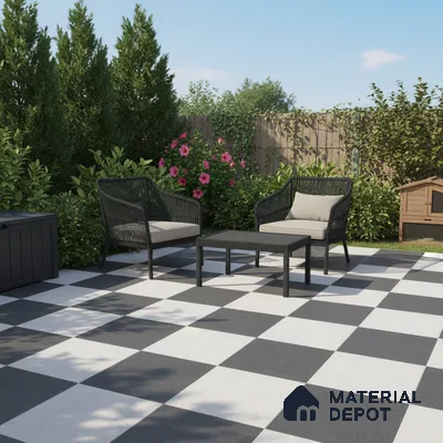 Modern outdoor patio with black-and-white checkerboard floor tiles and wicker seating