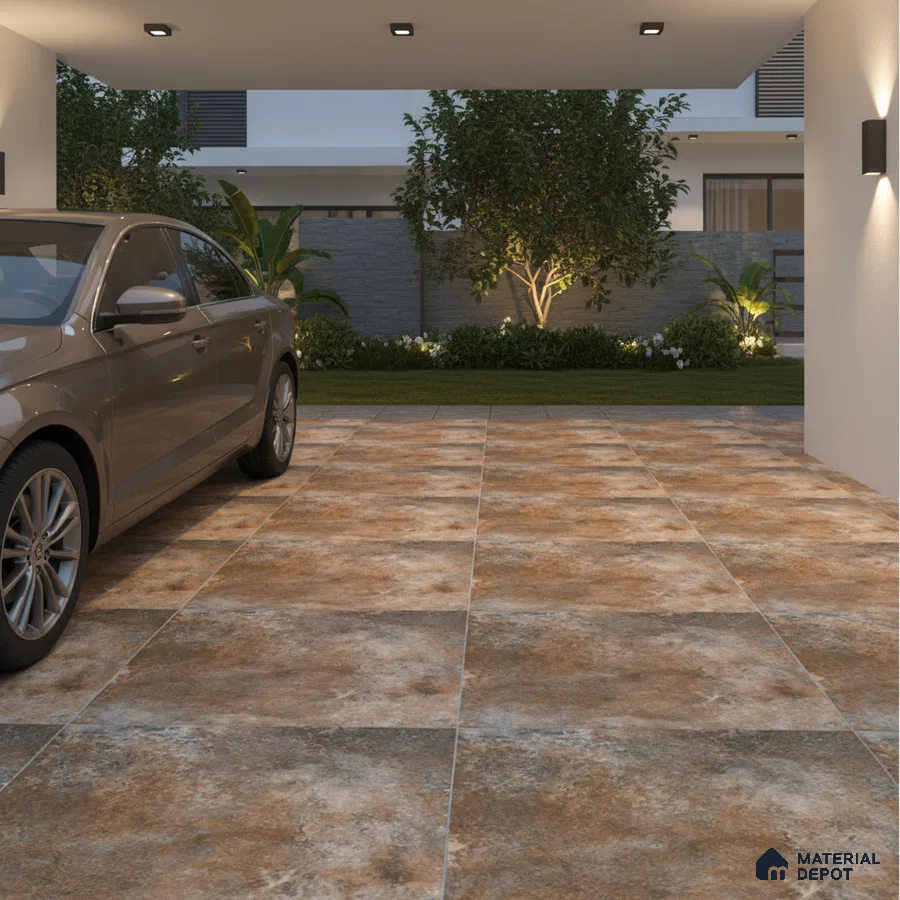 Modern parking with rustic brown stone-look floor tiles
