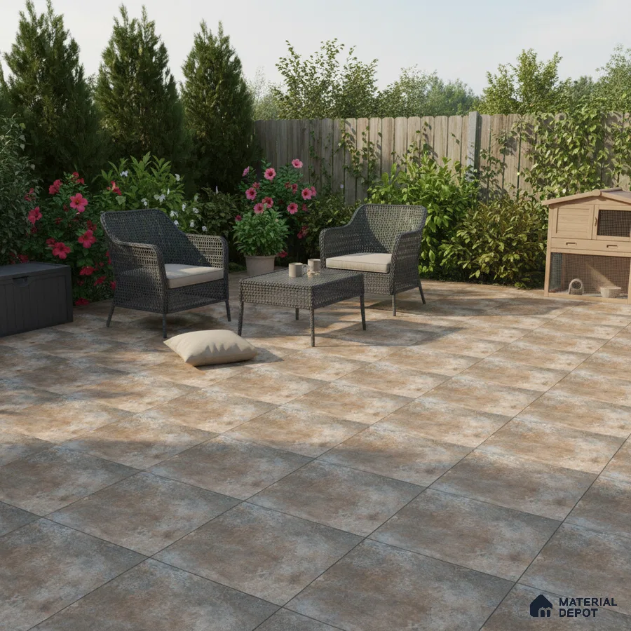 Modern outdoor patio with rustic stone-look floor tiles and wicker furniture