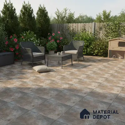 Modern outdoor patio with rustic stone-look floor tiles and wicker furniture