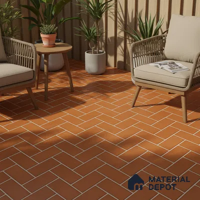 Scandinavian outdoor patio with terracotta herringbone floor tiles and wood slat wall panels