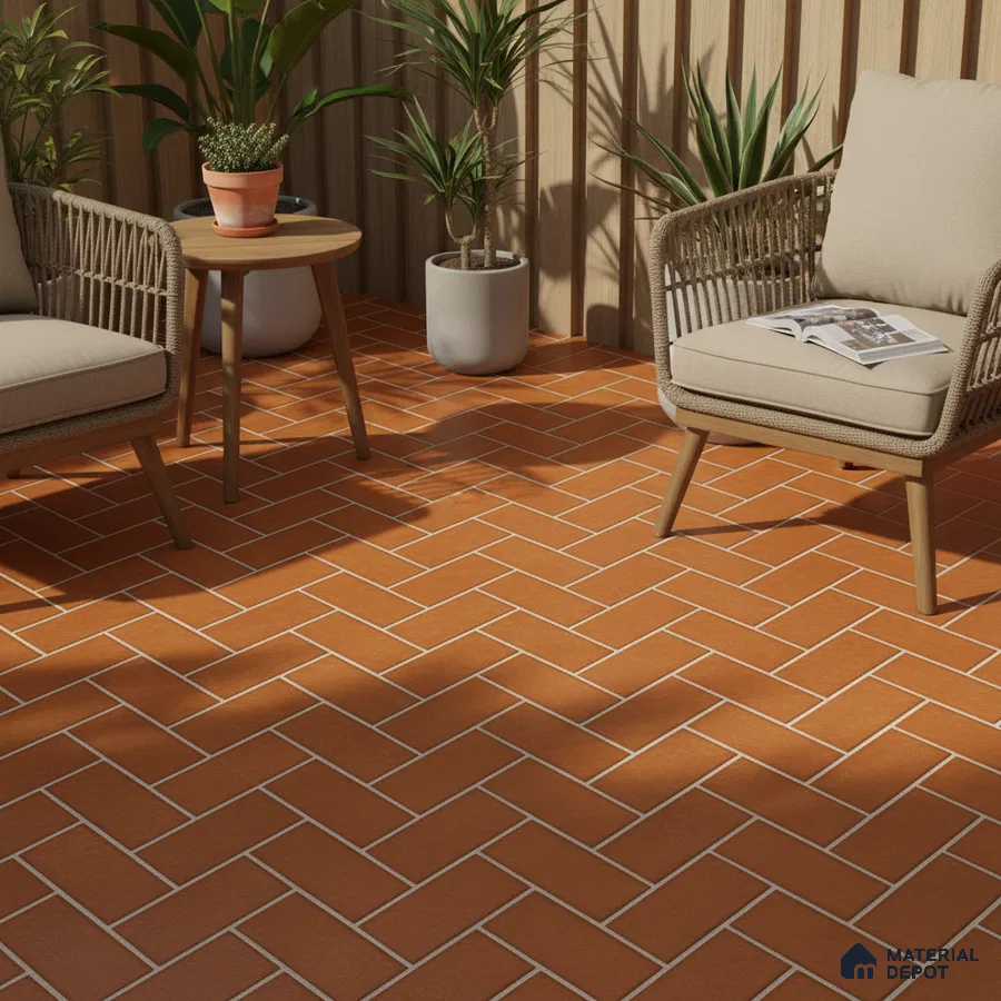 Scandinavian outdoor patio with terracotta herringbone floor tiles and wood slat wall panels