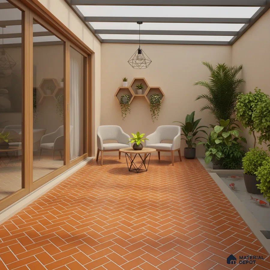 Scandinavian balcony with terracotta herringbone floor tiles and wooden accents