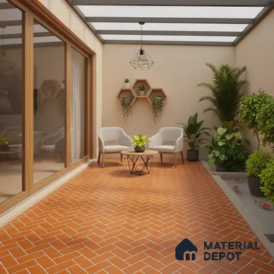 Scandinavian balcony with terracotta herringbone floor tiles and wooden accents
