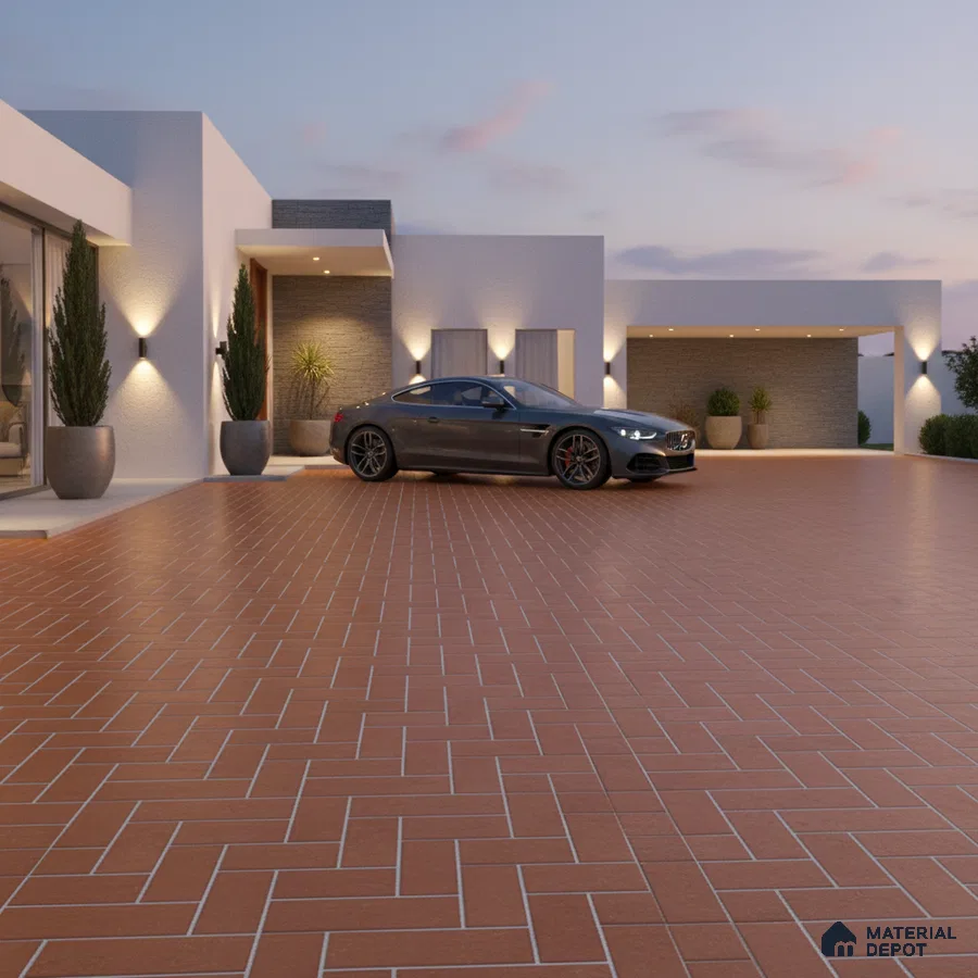 Modern parking with terracotta herringbone floor tiles and white textured exterior walls